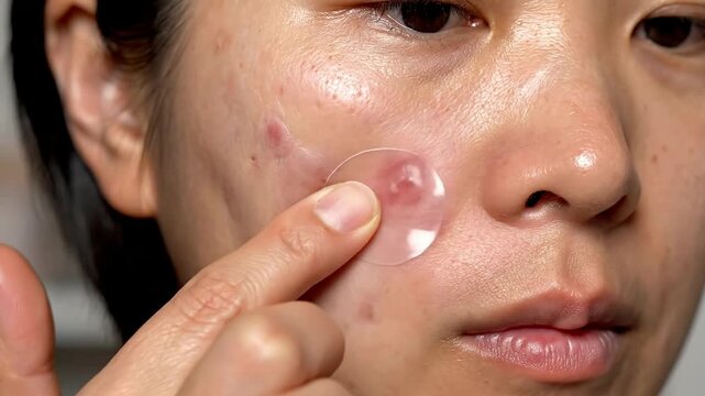 Close-Up Of A Person Applying A Soothing Patch For Acne And Healing Scars On The Face In A Skin Care Treatment Routine