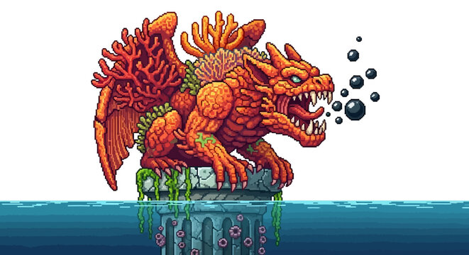 Pixel Art Dragon Statue Emerging From Water.