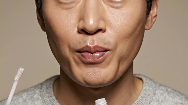 Close-Up Of A Person With Gap-Tooth Smile Applying Lip Gloss In Studio Setting With Plain Background