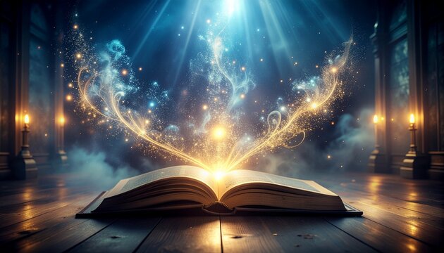 Abstract Discovery of Ancient Light Codex Illuminating Mystical Knowledge with Ethereal Glow and Cosmic Energy in a Dark Atmospheric Setting