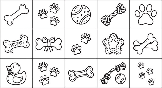Black and white dog toys and paw prints.