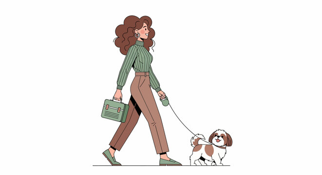 Woman walking her small dog on a leash outdoors.