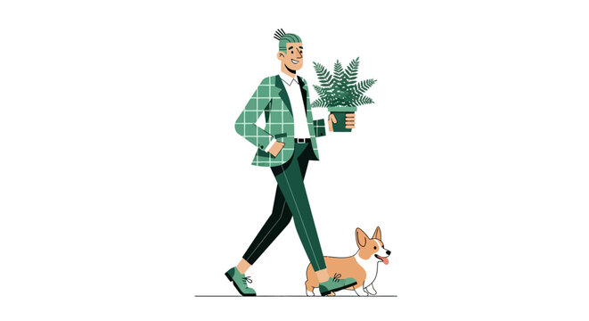 Woman walking her corgi while carrying a potted plant.