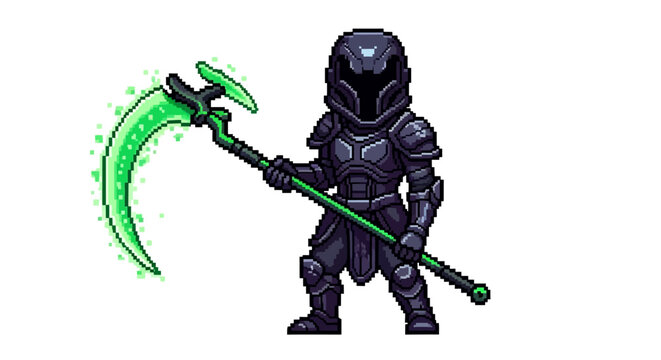 Pixel Art Grim Reaper Warrior With Glowing Scythe.