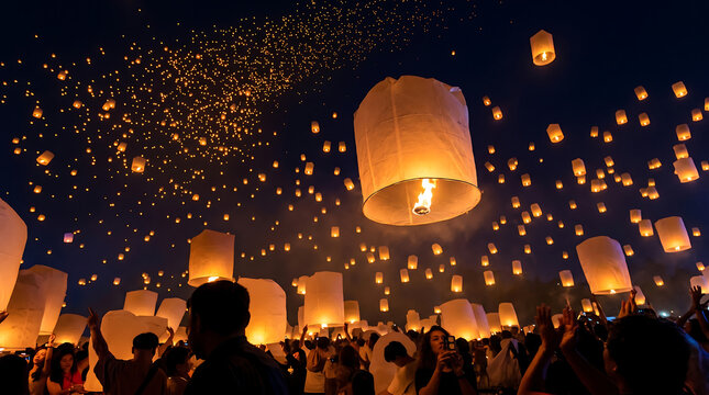 Colorful sky lanterns floating at dusk during cultural festival creating magical nighttime atmosphere with crowd