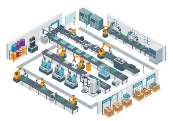 An isometric view of an automated electronic circuit board assembly factory © Vector Graphic