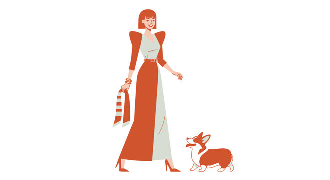 Elegant woman in orange dress walking a corgi dog.