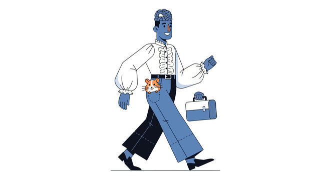 Cartoon character in work uniform carrying toolbox.