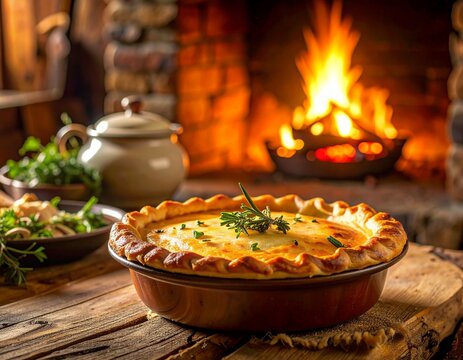 Savory French pot pie on rough wooden cabin table, warm firelight glow effect, cozy countryside moo