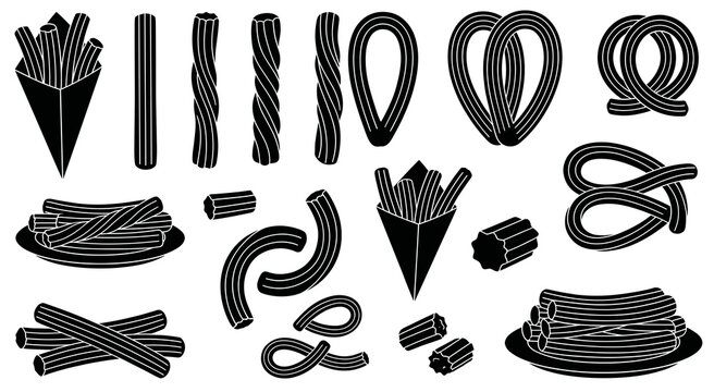 Black silhouette churro vector set showing various shapes of sweet fried dough pastry, including straight sticks, twisted loops, paper cones, and stacks on plates.