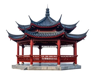 Fototapeta premium A traditional Asian pavilion with a multi-tiered roof and red pillars on a concrete base