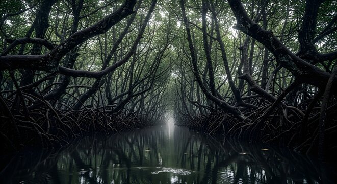 Mysterious mangrove tunnel formed by intertwined trees over calm water. Atmospheric tropical wetland scene emphasizing nature, exploration, biodiversity, and ecological conservation.