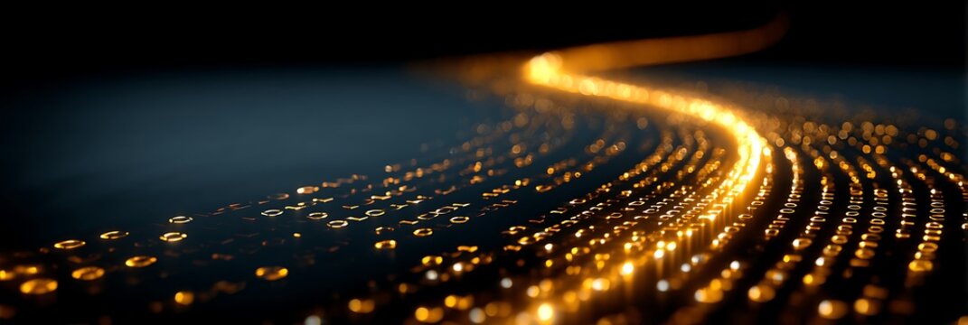 Abstract digital data stream flowing through glowing golden binary code on dark background, representing information technology and connectivity