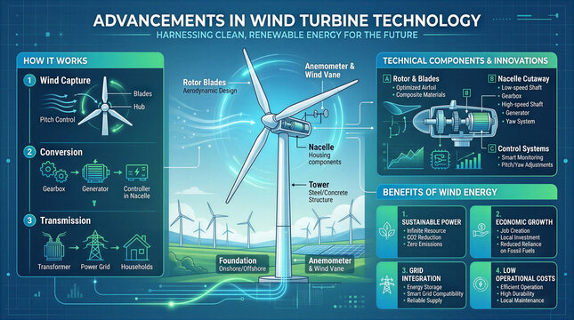 Wind turbines convert wind energy into electricity through various components. The setting shows large wind turbines on a landscape with a clear sky