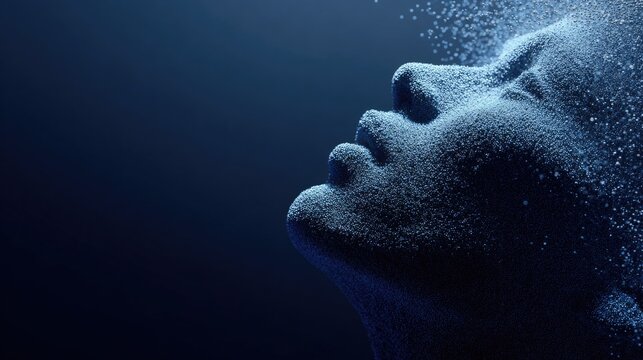 Digital identity, human face dissolves into blue particles symbolizing biometric data, artificial intelligence and virtual consciousness