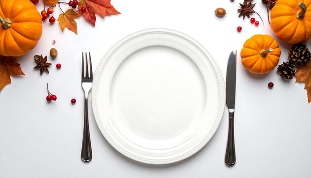 A Thanksgiving table setting with a white plate, silverware, and fall decorations like pumpkins and leaves on a white background