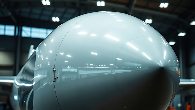 nacelle. Streamlined outer shell of aircraft engine nacelle reflecting hangar lights. mobility guides, transit brochures, designed for transport & logistics marketing, supports logistics messaging.