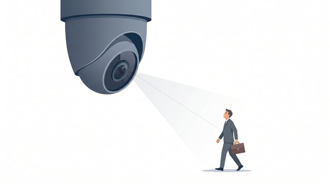 Surveillance camera watching a businessman walking with a briefcase, representing privacy concerns and security monitoring