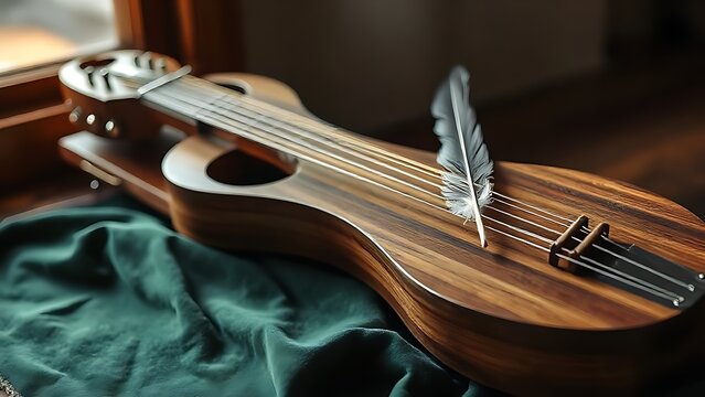 lute. Medieval lute resting on velvet cloth with a feather tucked in its case. event programs, museum guides, designed for cultural heritage projects and event programs, supports education.