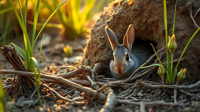 burrow. A wild rabbit peering from an earthy burrow entrance during golden hour. wildlife magazines, conservation campaigns, designed for wildlife conservation campaigns and eco-tourism storytelling.