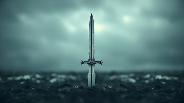 longsword. A medieval longsword driven into dark soil, its blade reflecting an overcast sky. event programs, museum guides, designed for cultural heritage projects and event programs.
