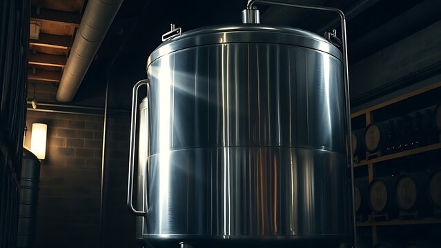 fermenter. Large stainless steel fermenter in a dimly lit wine cellar. bar promotions, beverage menus, designed for food & beverage menus and cafe branding, elevates brand perception.