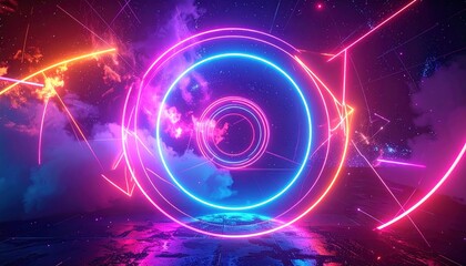 Fototapeta premium Colorful neon lines and circles with clouds against a starry background