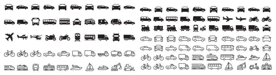 Naklejka premium Transport And Vehicle Icon Set — Black Silhouette And Outline Pictograms For Travel, Logistics, And Mobility