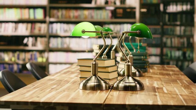 Empty university library with a stack of books and green lamp at desk, classic study space with bookshelves and academic materials.