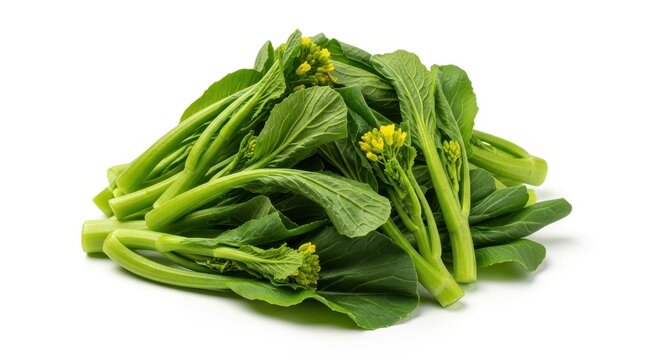 Fresh pile of vibrant green Choy Sum vegetables on a white background.