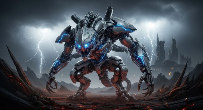Giant futuristic robot warrior standing in a stormy landscape with lightning strikes.