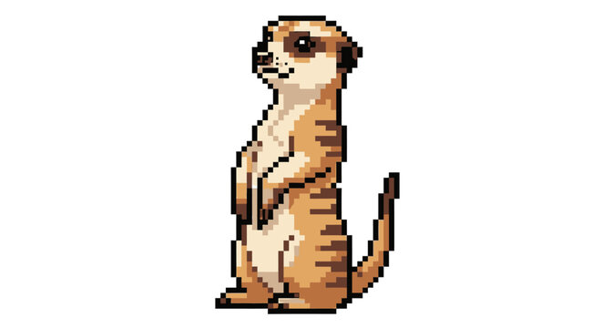 Pixel Art Meerkat Standing Alertly on White Background.