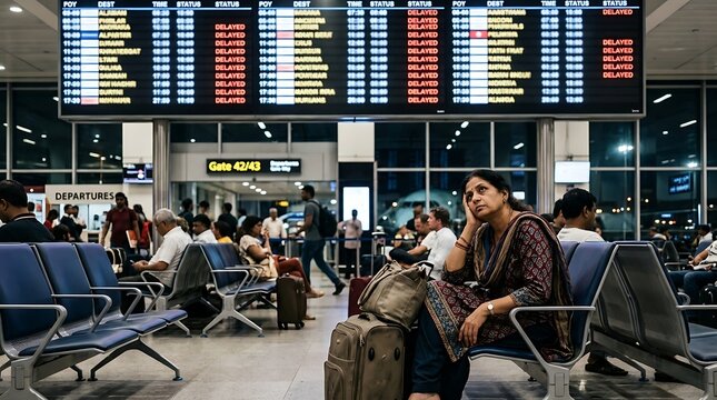 Indian woman at airport departure area with flight delay