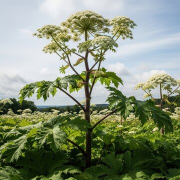 Giant Hogweed Plant Blooming in a Field Under a Blue Sky.