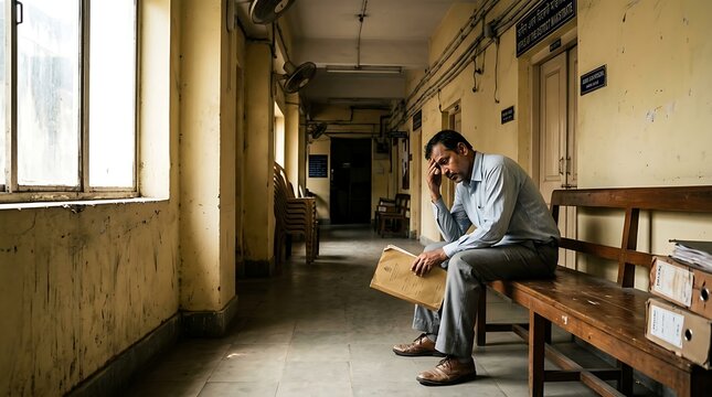 Indian man waiting in government office corridor with documents