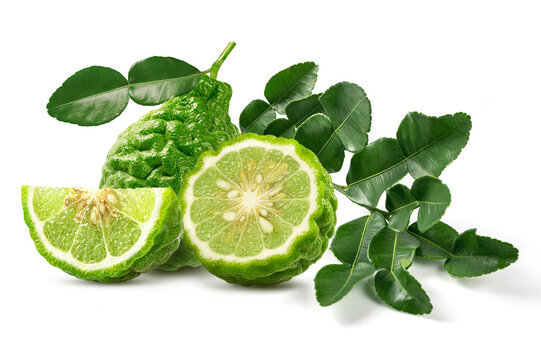 Bergamot fruit, half-cut, and  slice with fresh green kaffir lime leaves.  Aromatic herb for Thai cuisine and essential oil, isolated on  white background.