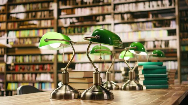 Empty library study table with green lamps and stacked books near bookshelves, establishing shot creating warm academic scene for learning and study, empty quiet room with wooden desk.