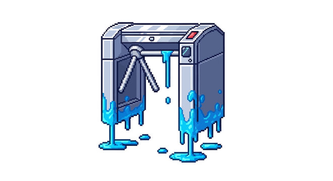Pixel Art Turnstile with Dripping Blue Liquid.