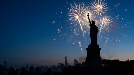 Fototapeta premium Silhouette of the Statue of Liberty against a vibrant night sky filled with dazzling fireworks, with the New York City skyline in the distance.