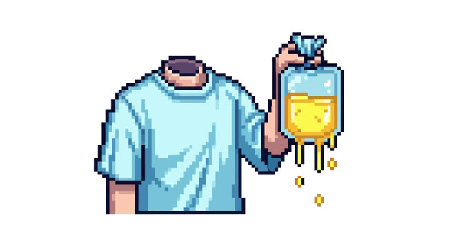 Pixelated headless person holding dripping yellow liquid bag.