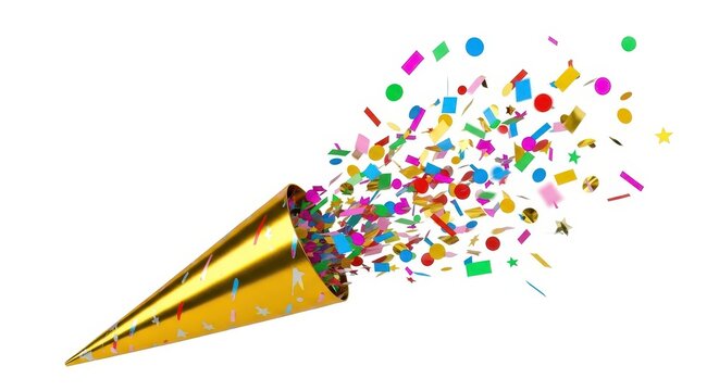 Golden Party Popper Exploding With Colorful Confetti Against White Background.