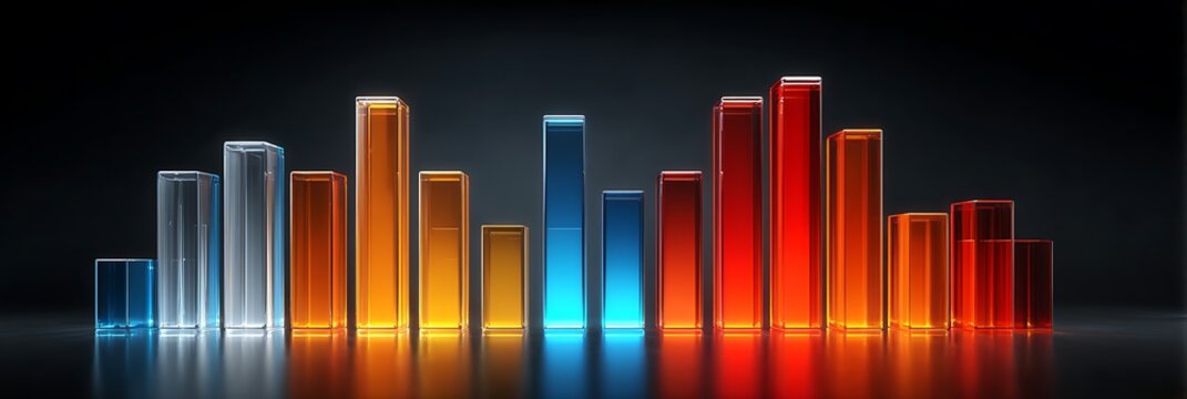 Vibrant 3D bar graph with ascending and descending columns in a spectrum of colors, representing data analysis and financial growth on a dark reflective surface