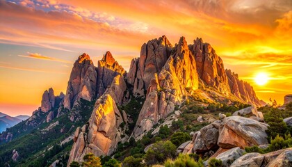Naklejka premium Rocky peaks illuminated by sunrise