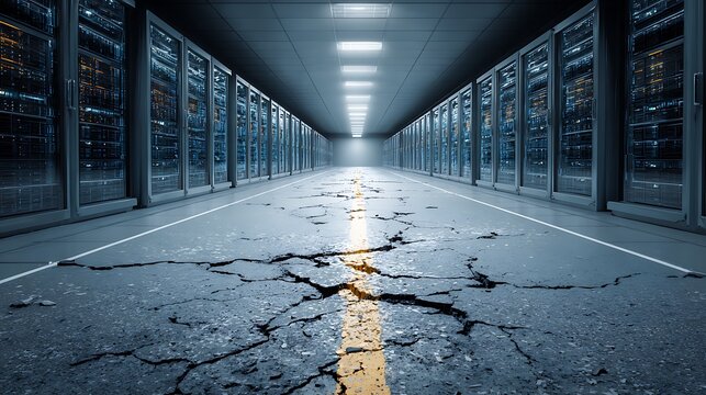 Damaged data center corridor with cracked asphalt floor and glowing server racks, symbolizing system failure or disaster