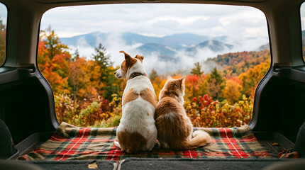 Rear View of Dog and Cat Sitting in Car Trunk Looking at Autumn Mountains