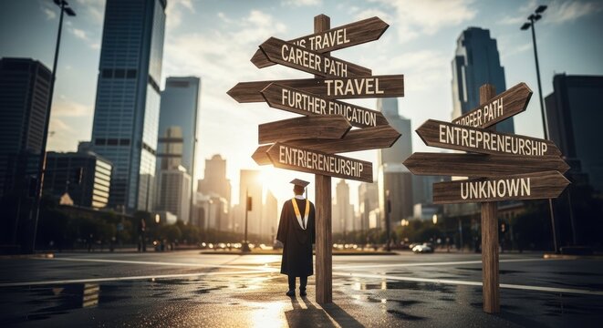 Graduation student facing multiple career path choices at a crossroads signpost.
