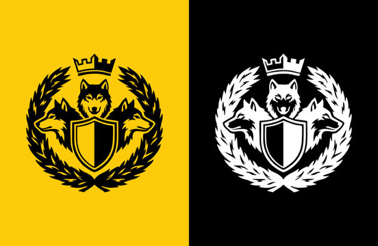 Wolf King Crest with Crown Shield and Laurel Wreath Vector Emblem