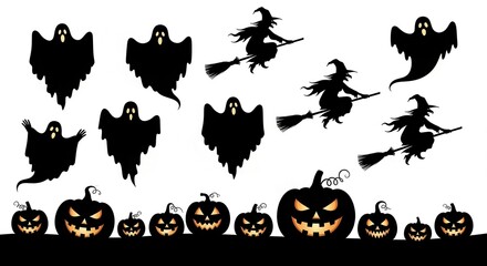 Fototapeta premium Halloween Silhouettes Collection Ghosts Witches Pumpkins.