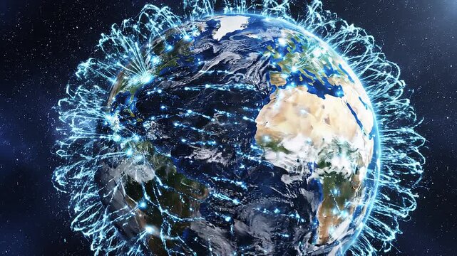 Earth Connected by Blue Light Network, Global Communication, Digital Network
