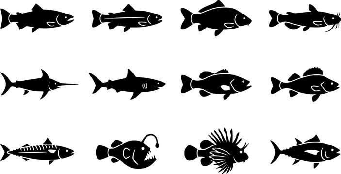Fish silhouette icon set, flat black glyph style, pure white background